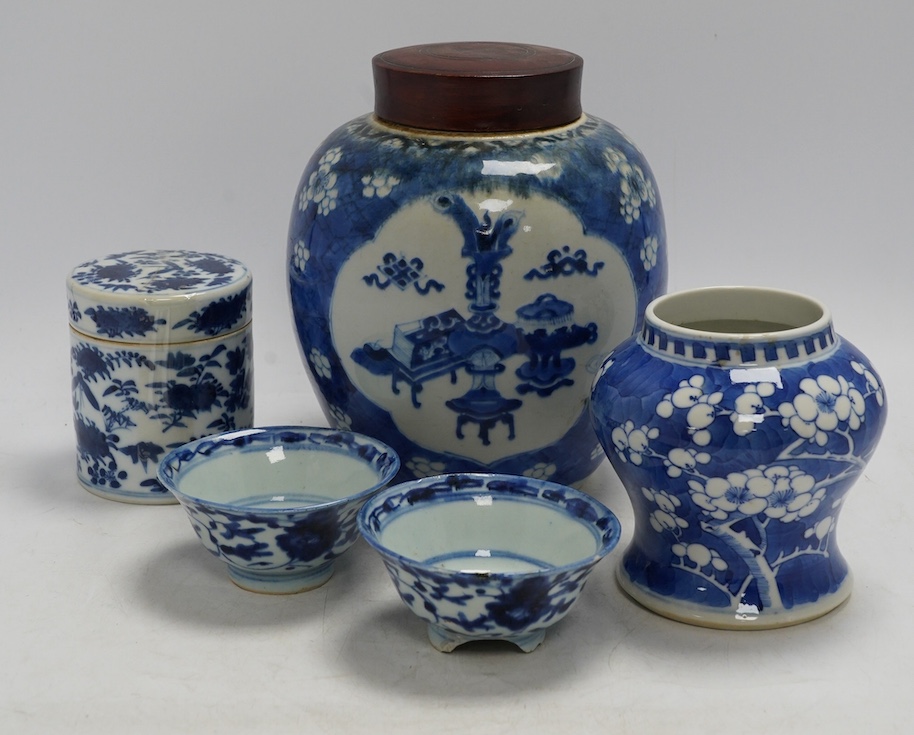 A group of various pieces of Chinese blue and white porcelain, 19th century and later, tallest 36cm. Condition - poor